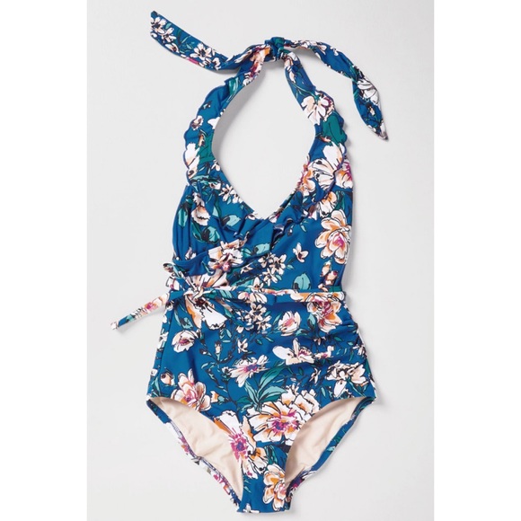 ModCloth The Reese Ruffle One Piece Blue Floral Wrap S NWT - Picture 3 of 6